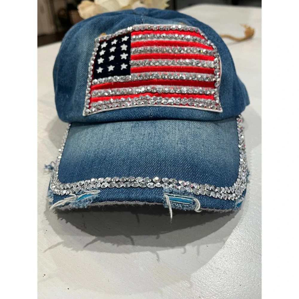 Denim Baseball Cap American Flag Rhinestone Embellished‎ Distressed Adjustable